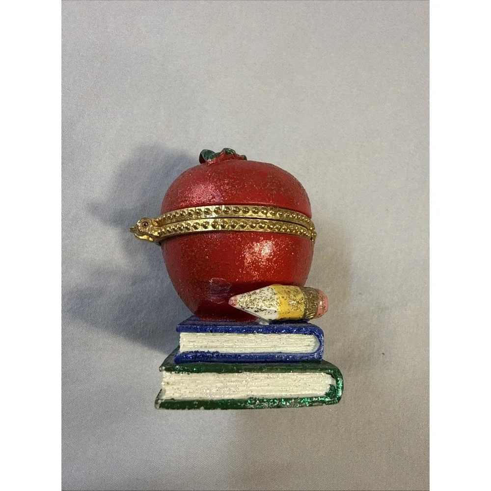 Vintage Porcelain Hinged Apple on Books Trinket Box Teacher Gift Gold Trim